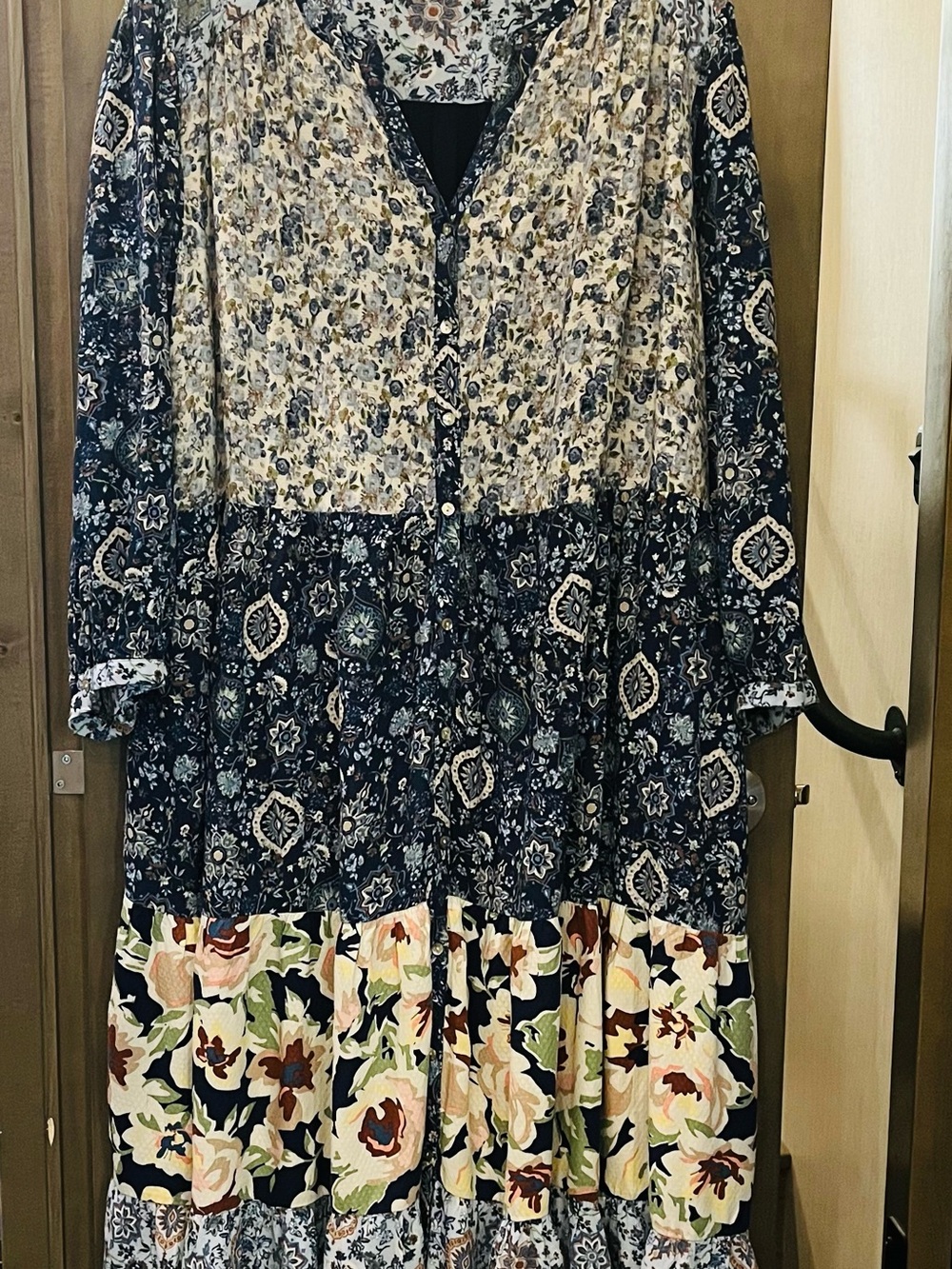 Navy, Cream and Green Mixed-Print Casual Tiered Dress